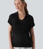 V-neck Batwing Short Sleeve Resort Crochet Jumper — Black — view 5