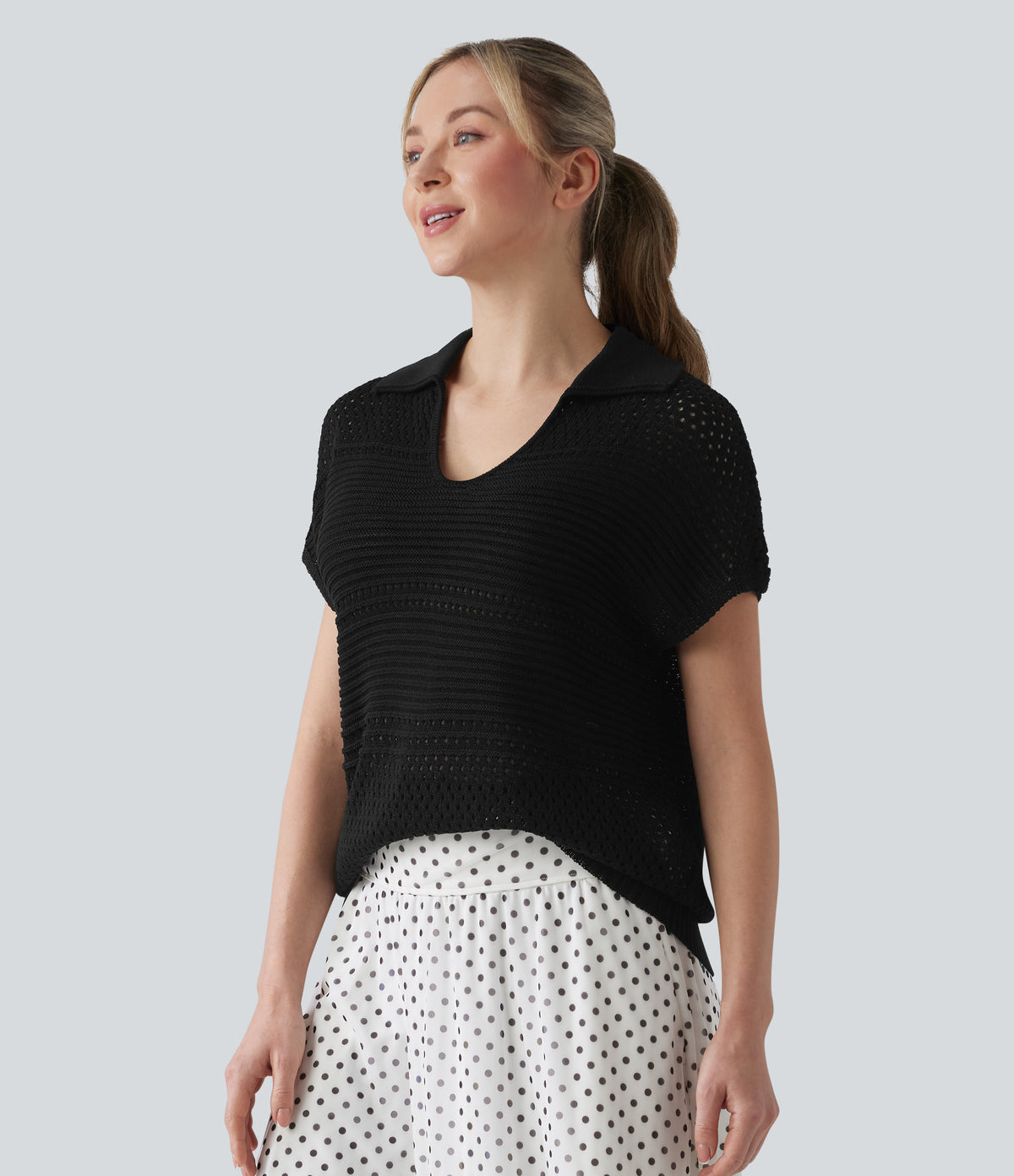 V-neck Batwing Short Sleeve Resort Crochet Jumper — Black — view 3