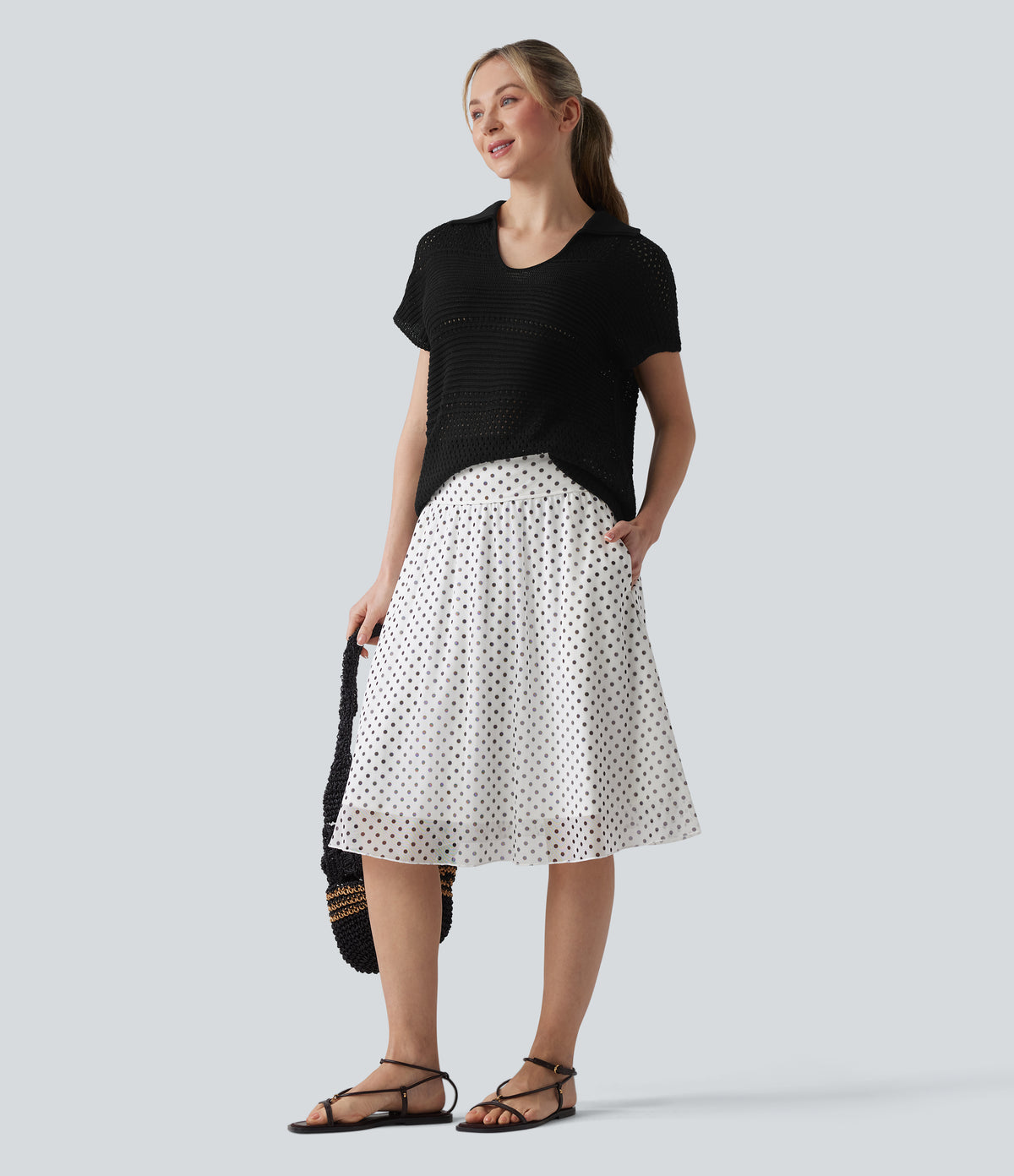 V-neck Batwing Short Sleeve Resort Crochet Jumper — Black — view 6
