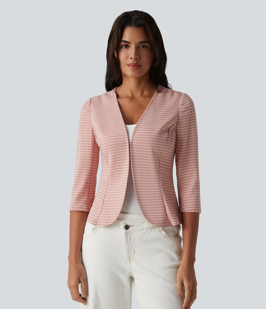 Ribbed Knit V Neck Open Front 3/4 Sleeve Stripe Casual Blazer — Sweet Pea Line — view 5
