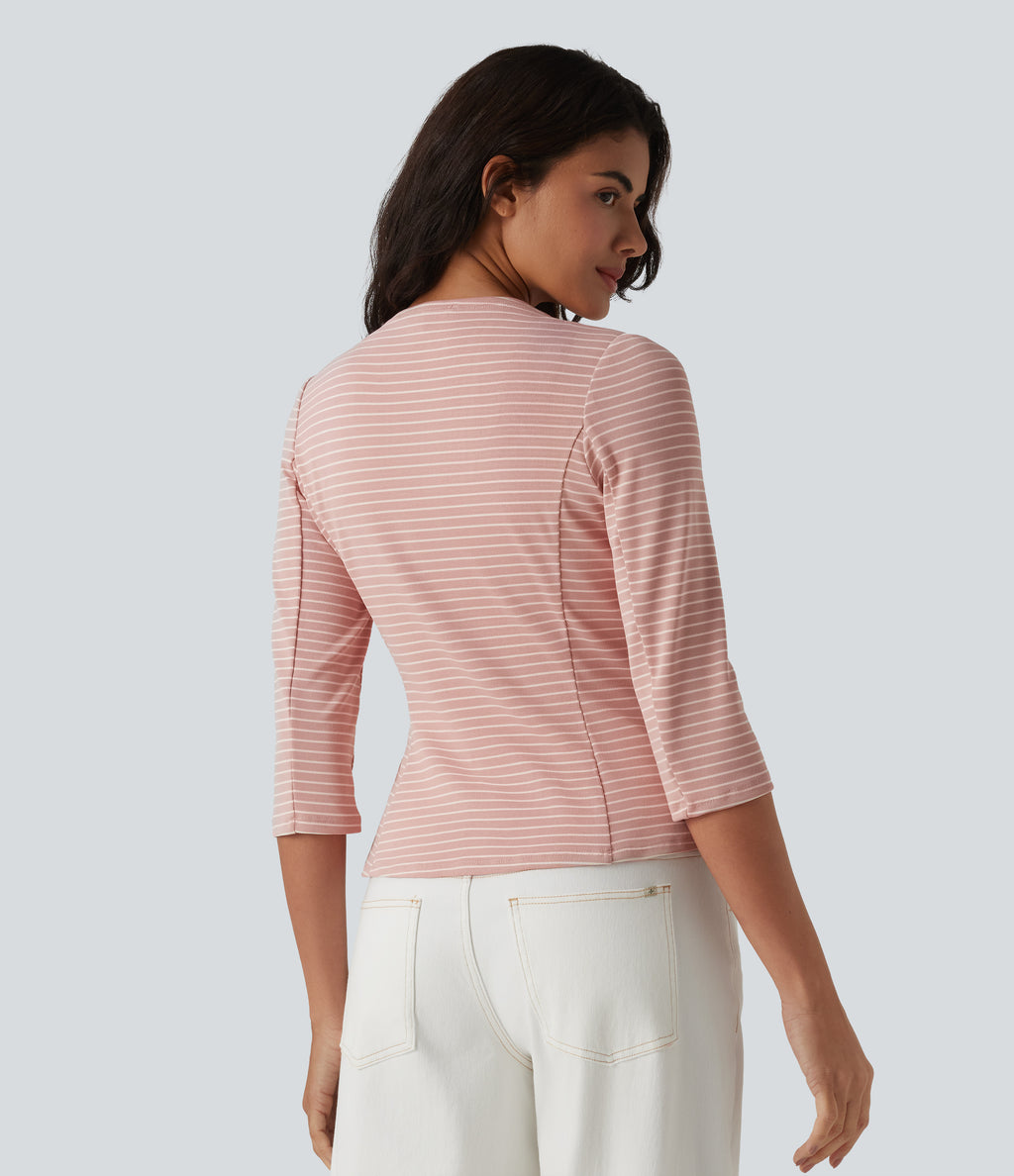 Ribbed Knit V Neck Open Front 3/4 Sleeve Stripe Casual Blazer — Sweet Pea Line — view 2