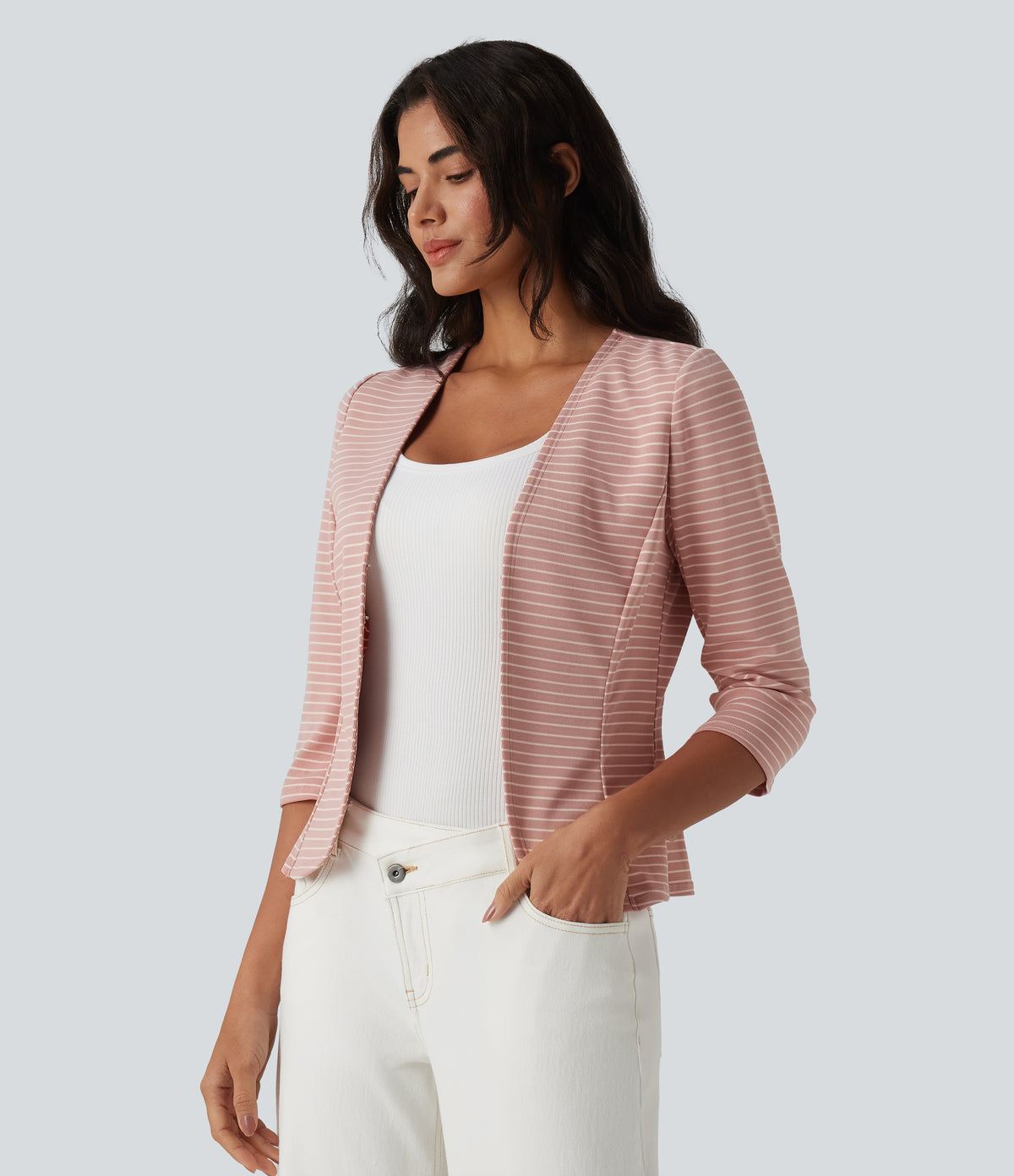 Ribbed Knit V Neck Open Front 3/4 Sleeve Stripe Casual Blazer — Sweet Pea Line — view 3
