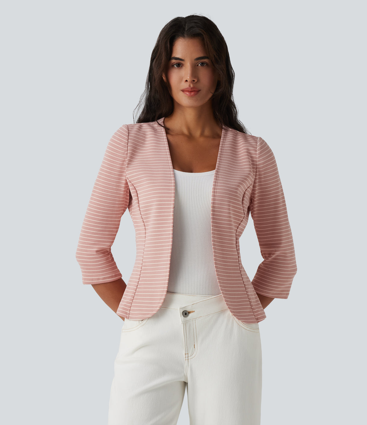 Ribbed Knit V Neck Open Front 3/4 Sleeve Stripe Casual Blazer — Sweet Pea Line — view 1
