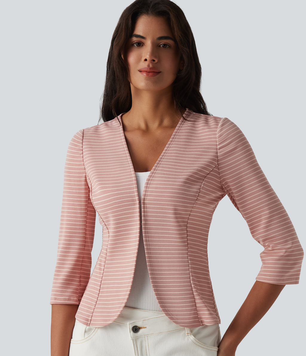 Ribbed Knit V Neck Open Front 3/4 Sleeve Stripe Casual Blazer — Sweet Pea Line — view 4