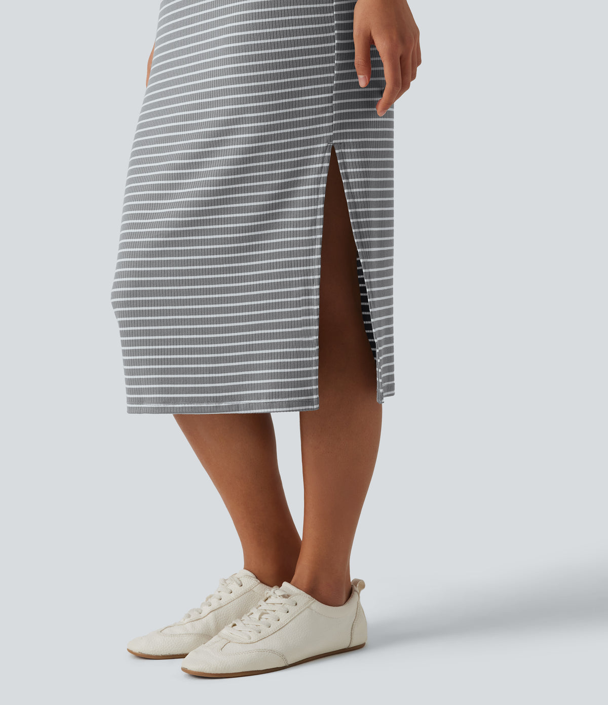 Round Neck Sleeveless Bodycon Stripe Midi Casual Dress — Ashridge Stripe — view 4