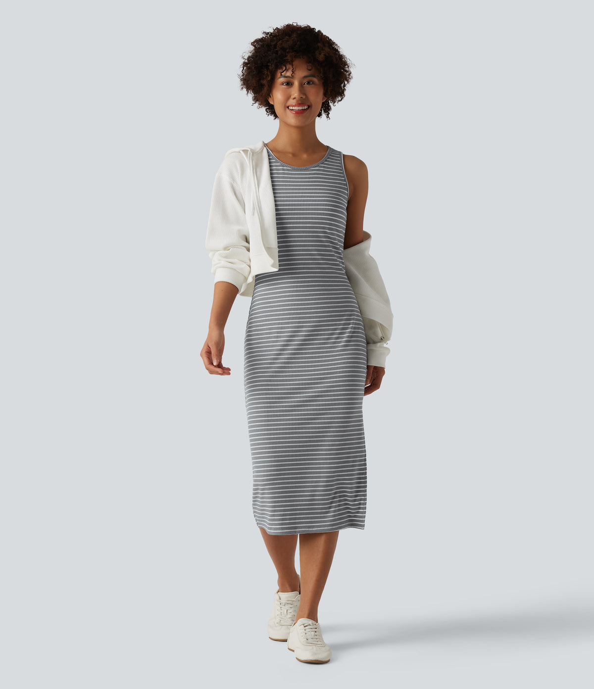 Round Neck Sleeveless Bodycon Stripe Midi Casual Dress — Ashridge Stripe — view 5