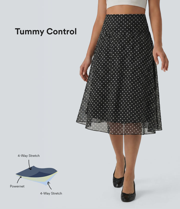 High Waisted Tummy Control Polka Dot Mesh Knee Length Casual Skirt with Pockets — Charcoal Cloud Dot — view 1