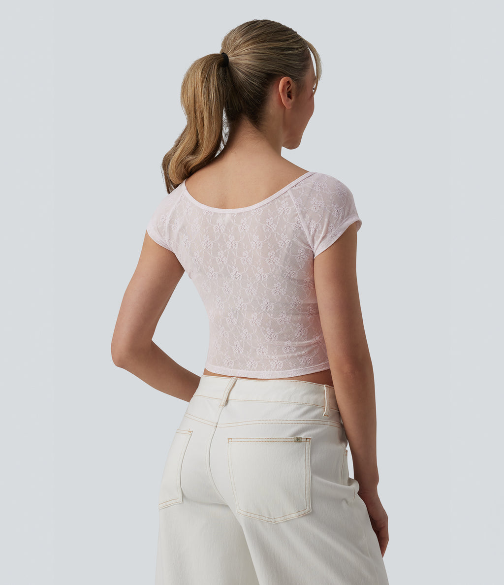 Sweetheart Neck Short Sleeve Lace Cropped Casual T-Shirt — Orchid Ice — view 2