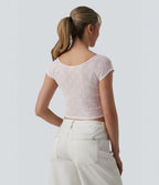 Sweetheart Neck Short Sleeve Lace Cropped Casual T-Shirt — Orchid Ice — view 2