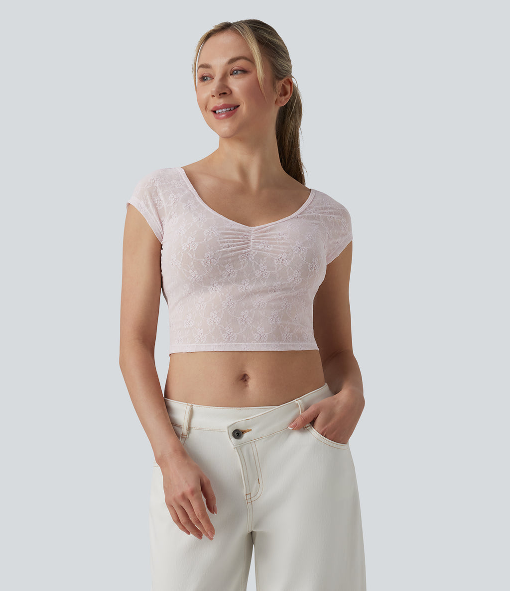 Sweetheart Neck Short Sleeve Lace Cropped Casual T-Shirt — Orchid Ice — view 3