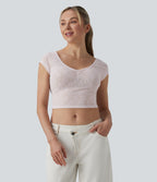 Sweetheart Neck Short Sleeve Lace Cropped Casual T-Shirt — Orchid Ice — view 3