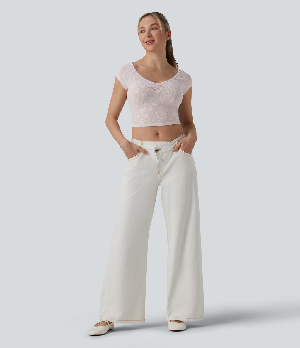 Sweetheart Neck Short Sleeve Lace Cropped Casual T-Shirt — Orchid Ice — view 5