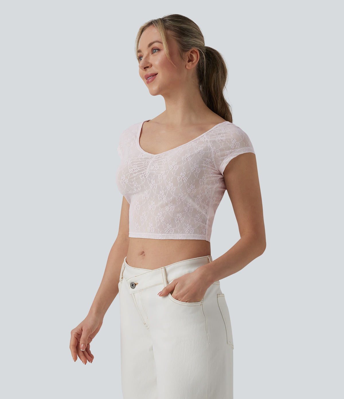 Sweetheart Neck Short Sleeve Lace Cropped Casual T-Shirt — Orchid Ice — view 4