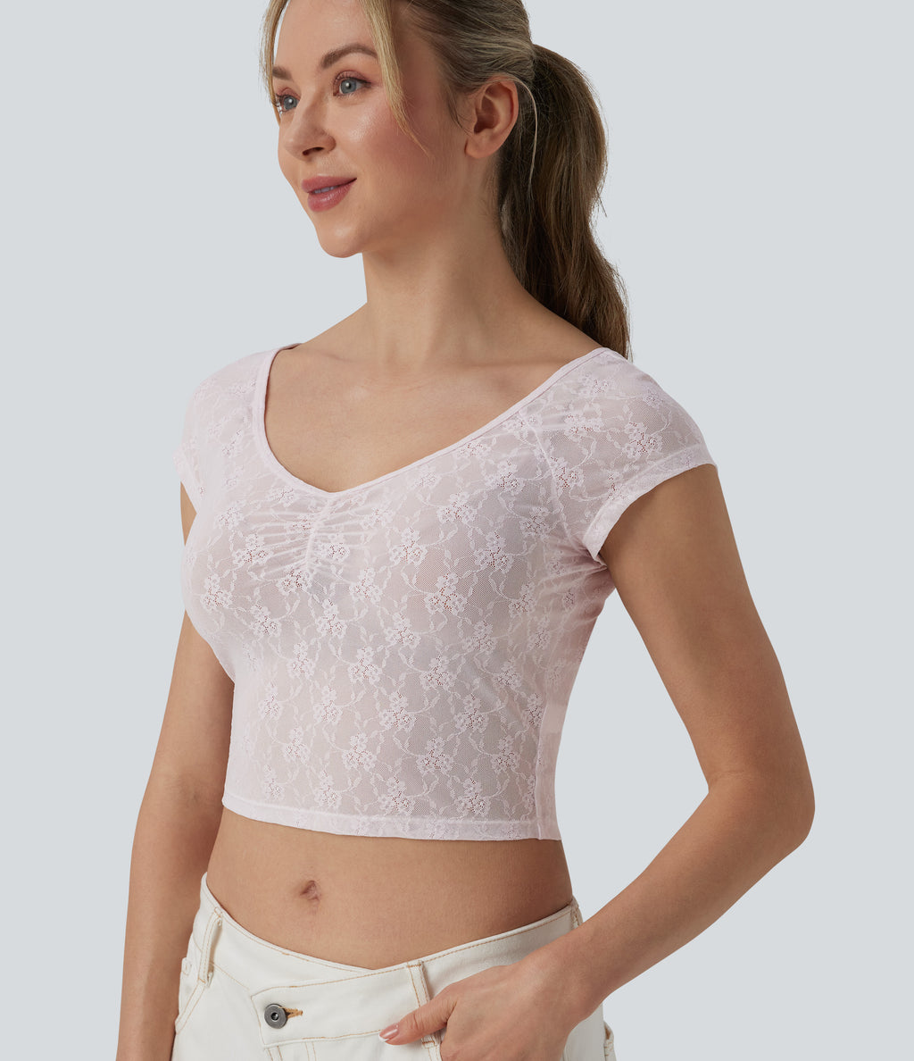 Sweetheart Neck Short Sleeve Lace Cropped Casual T-Shirt — Orchid Ice — view 1