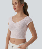 Sweetheart Neck Short Sleeve Lace Cropped Casual T-Shirt — Orchid Ice — view 1