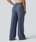 Mid Rise Draped Casual Lyocell Straight Leg Jeans with Pockets — Estate Blue Denim — view 2