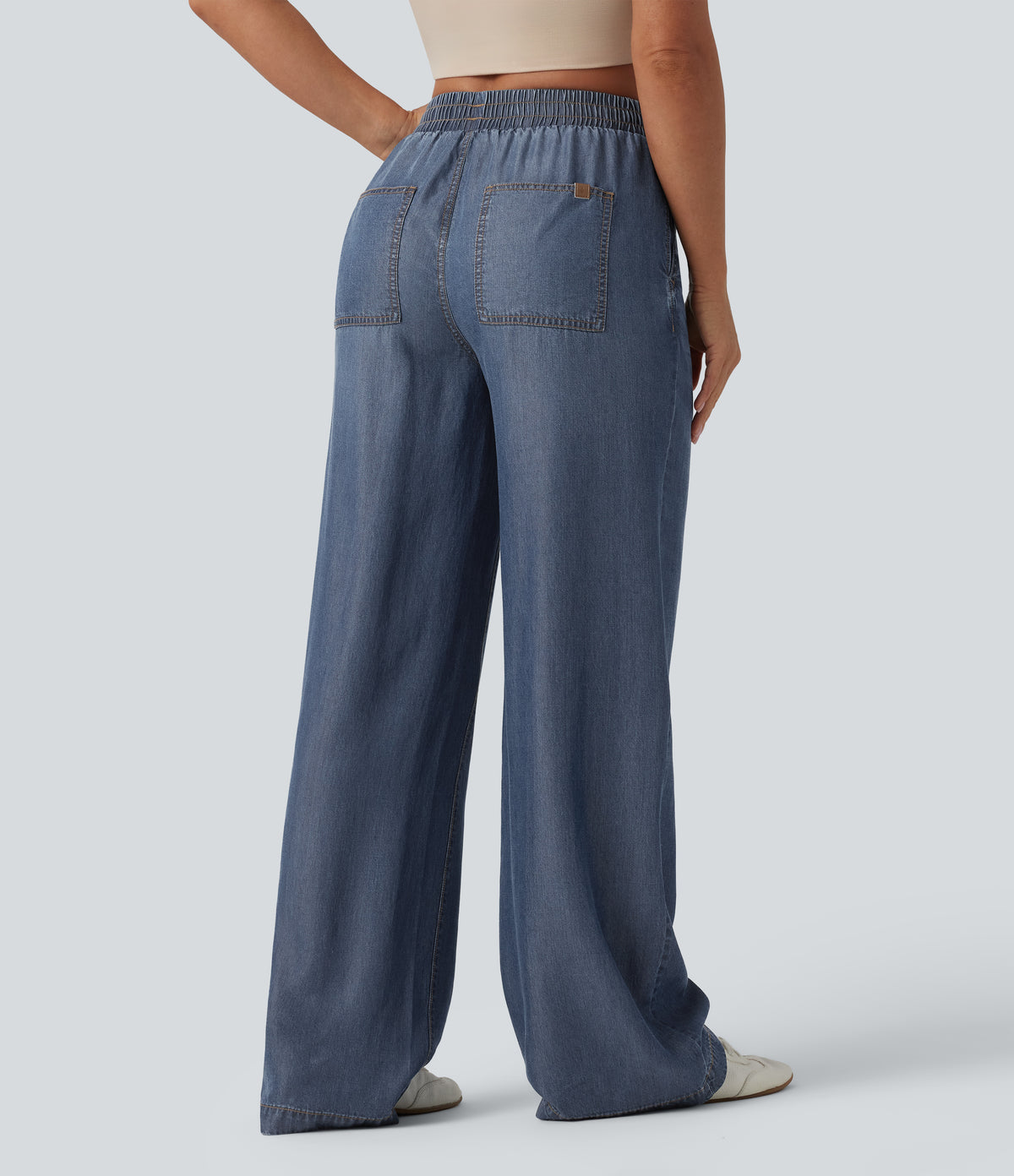 Mid Rise Draped Casual Lyocell Straight Leg Jeans with Pockets — Estate Blue Denim — view 2