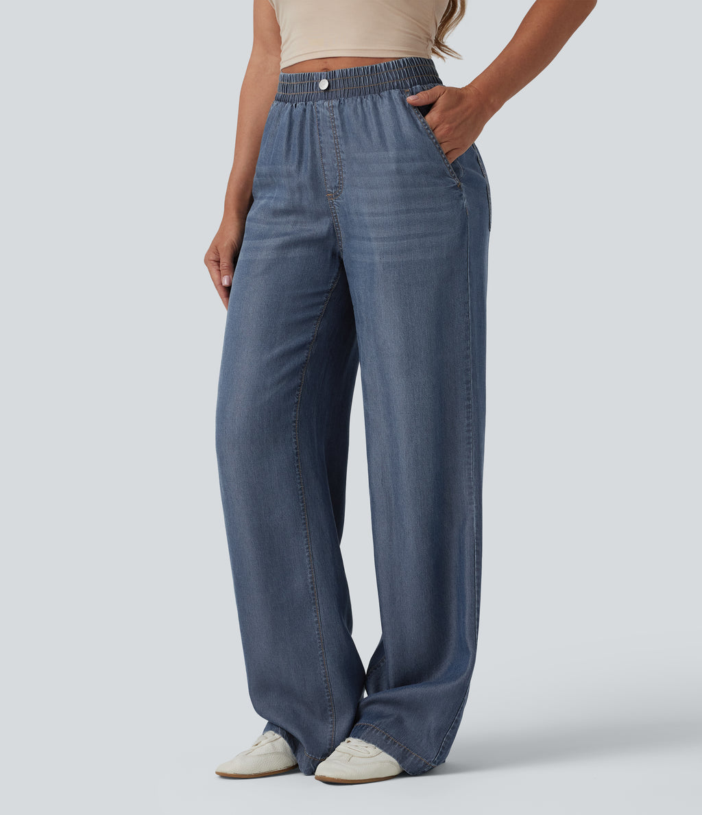 Mid Rise Draped Casual Lyocell Straight Leg Jeans with Pockets — Estate Blue Denim — view 1