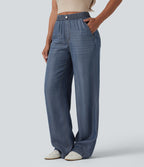 Mid Rise Draped Casual Lyocell Straight Leg Jeans with Pockets — Estate Blue Denim — view 1