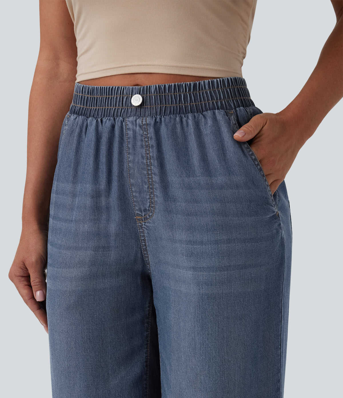 Mid Rise Draped Casual Lyocell Straight Leg Jeans with Pockets — Estate Blue Denim — view 4