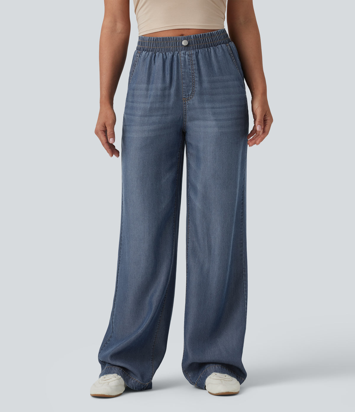 Mid Rise Draped Casual Lyocell Straight Leg Jeans with Pockets — Estate Blue Denim — view 3