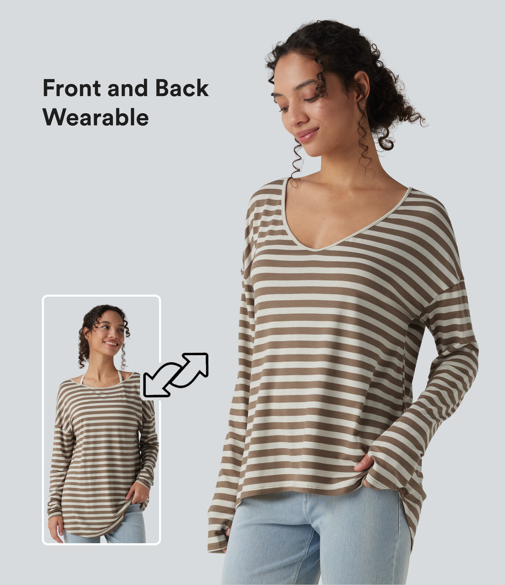 Deep V-neck Long Sleeve Thumb Holes Stripes Relaxed T-Shirt-Front and Back Wearable — Latte Wave — view 1