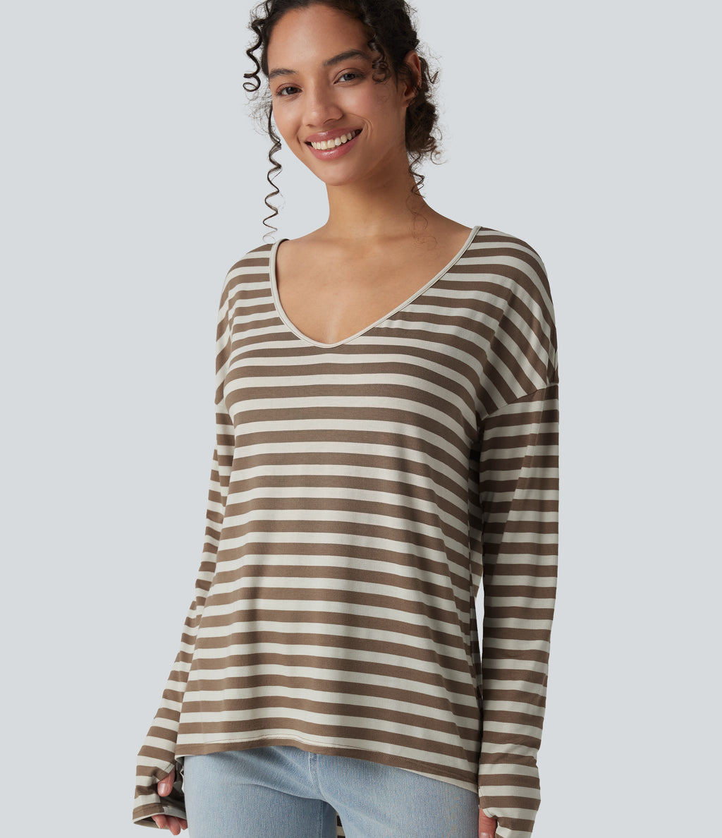 Deep V-neck Long Sleeve Thumb Holes Stripes Relaxed T-Shirt-Front and Back Wearable — Latte Wave — view 4