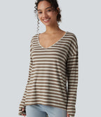Deep V-neck Long Sleeve Thumb Holes Stripes Relaxed T-Shirt-Front and Back Wearable — Latte Wave — view 4