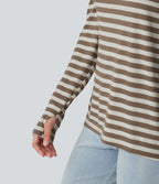 Deep V-neck Long Sleeve Thumb Holes Stripes Relaxed T-Shirt-Front and Back Wearable — Latte Wave — view 5