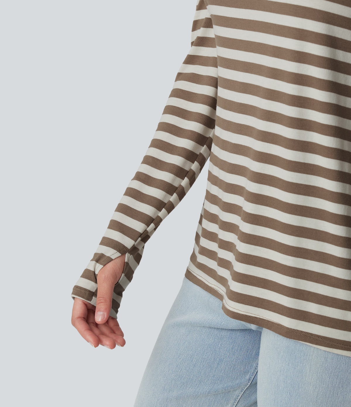 Deep V-neck Long Sleeve Thumb Holes Stripes Relaxed T-Shirt-Front and Back Wearable — Latte Wave — view 5