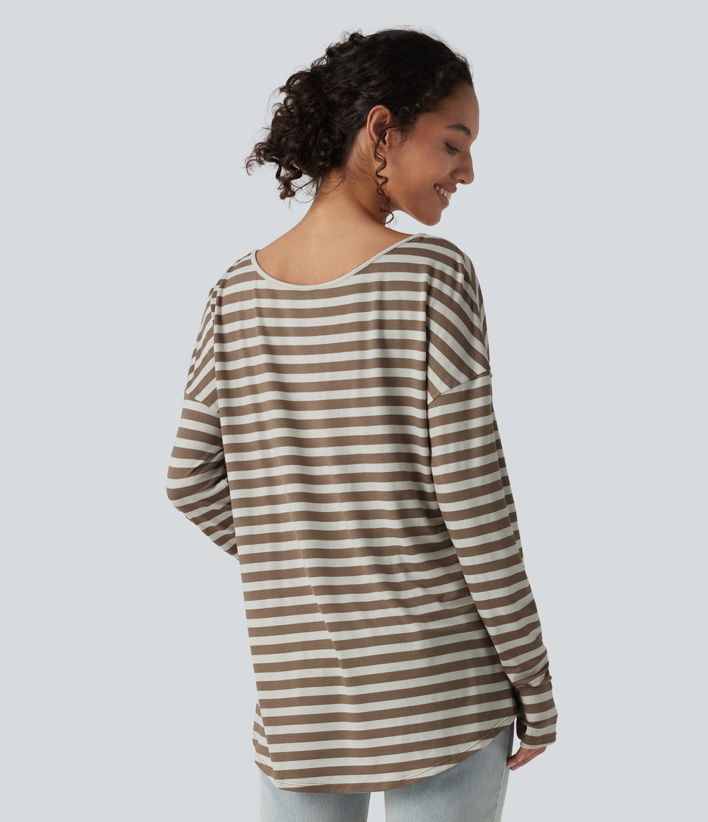 Deep V-neck Long Sleeve Thumb Holes Stripes Relaxed T-Shirt-Front and Back Wearable — Latte Wave — view 2