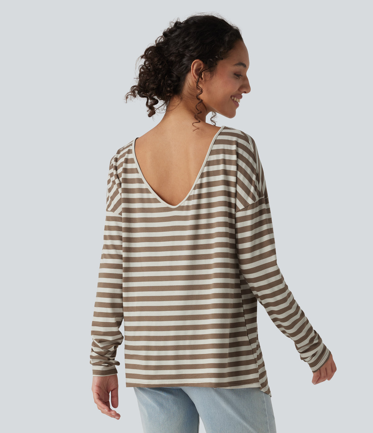 Deep V-neck Long Sleeve Thumb Holes Stripes Relaxed T-Shirt-Front and Back Wearable — Latte Wave — view 7