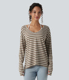 Deep V-neck Long Sleeve Thumb Holes Stripes Relaxed T-Shirt-Front and Back Wearable — Latte Wave — view 8