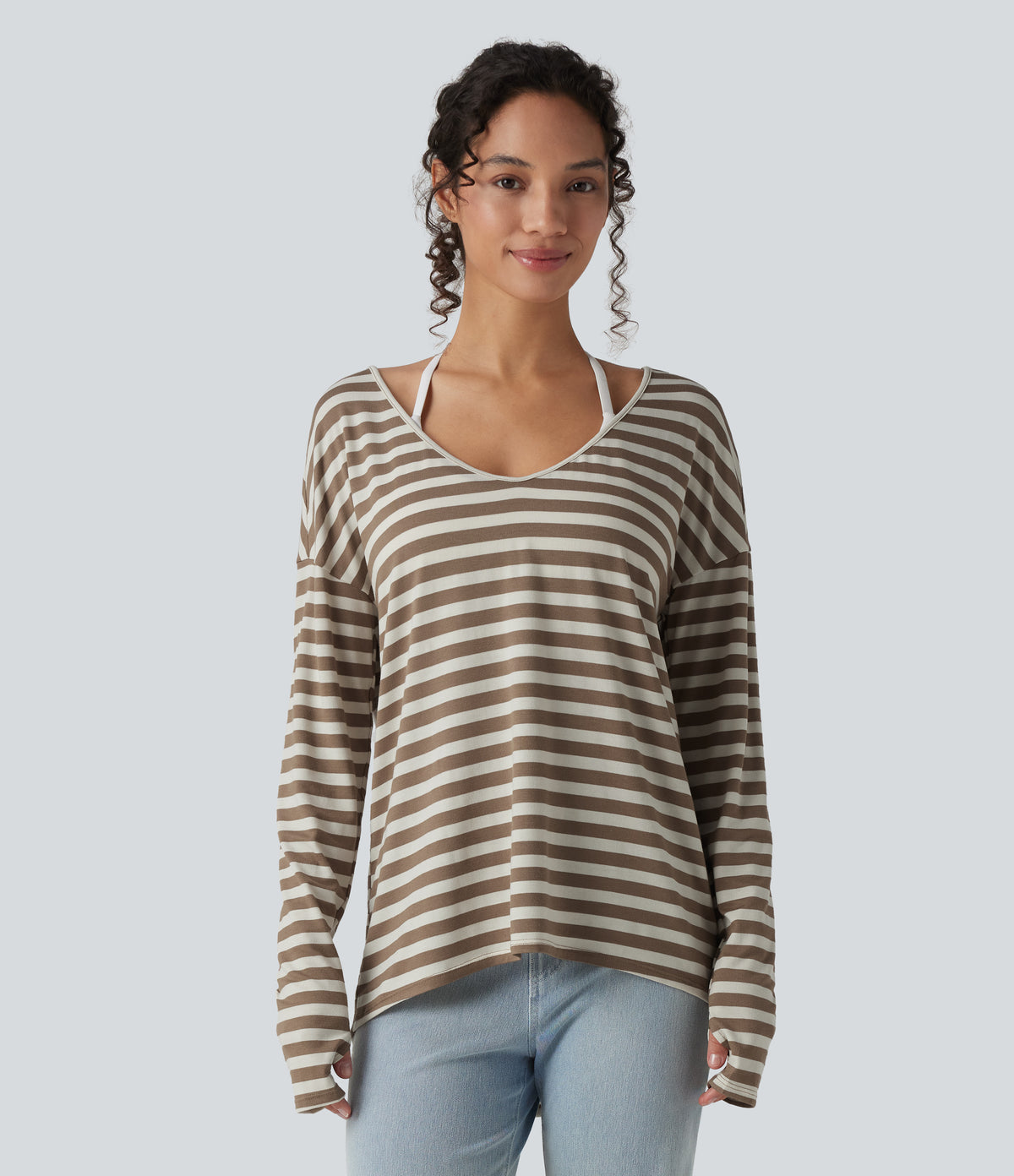 Deep V-neck Long Sleeve Thumb Holes Stripes Relaxed T-Shirt-Front and Back Wearable — Latte Wave — view 8