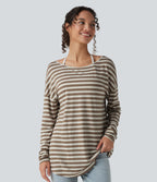 Deep V-neck Long Sleeve Thumb Holes Stripes Relaxed T-Shirt-Front and Back Wearable — Latte Wave — view 6