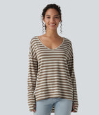 Deep V-neck Long Sleeve Thumb Holes Stripes Relaxed T-Shirt-Front and Back Wearable — Latte Wave — view 3