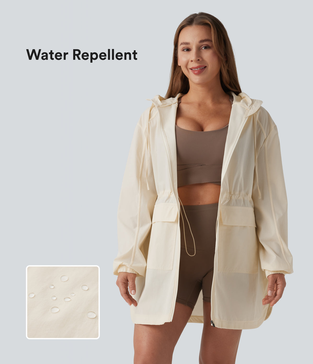 Water Repellent Wear-Resistant Hooded Drawstring Curved Hem Hiking Cargo Jacket with Pockets — Turtledove — view 1