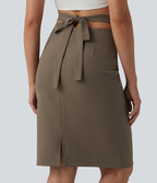 High Waisted Tie Back Knee Length Casual Linen-Blend Pencil Skirt — Driftwood Brown — view 4