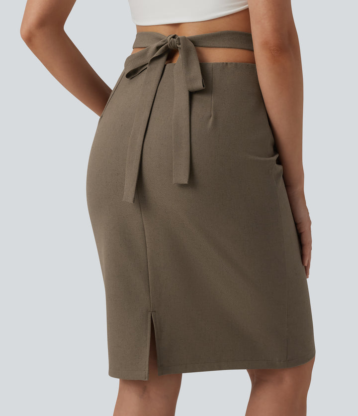 High Waisted Tie Back Knee Length Casual Linen-Blend Pencil Skirt — Driftwood Brown — view 1