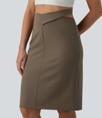 High Waisted Tie Back Knee Length Casual Linen-Blend Pencil Skirt — Driftwood Brown — view 5