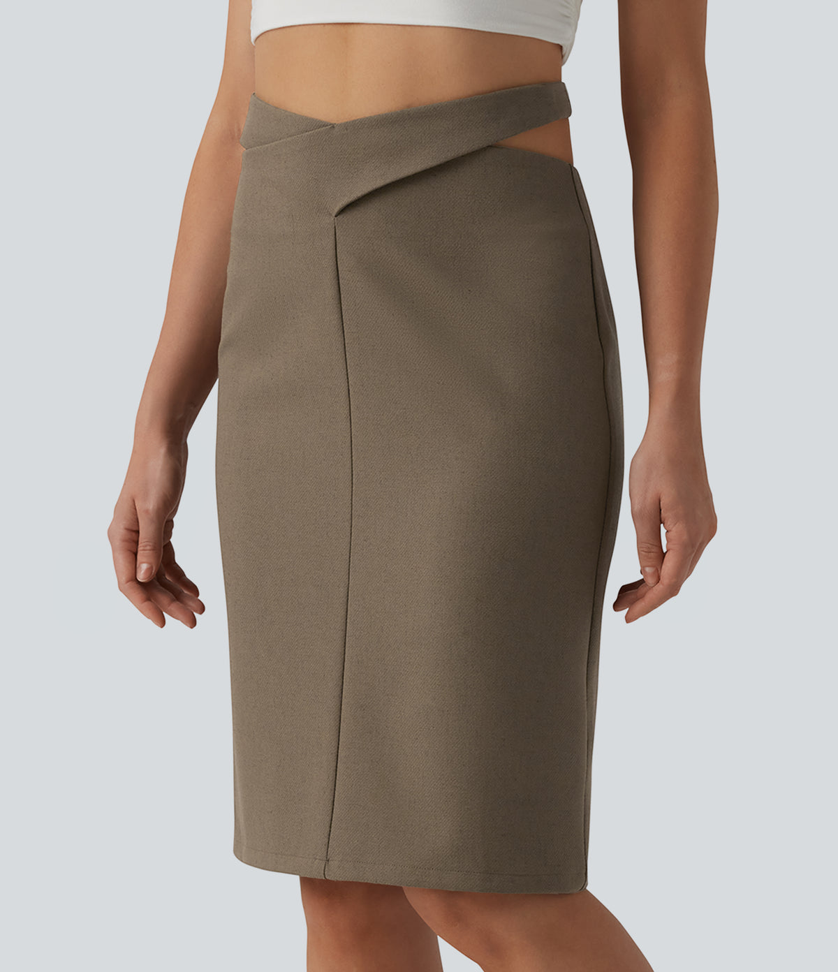 High Waisted Tie Back Knee Length Casual Linen-Blend Pencil Skirt — Driftwood Brown — view 3