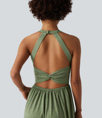 Wide Leg Capri Casual Jumpsuit with Pockets-Edition — Light Green Floral Yarn — view 6