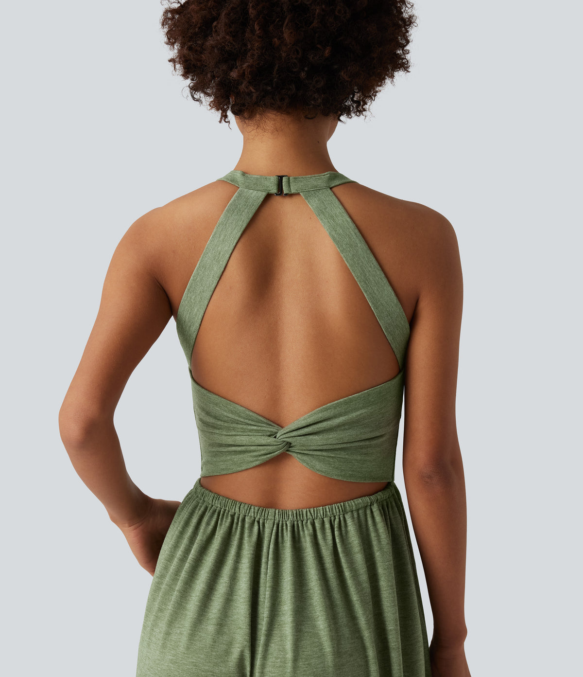 Wide Leg Capri Casual Jumpsuit with Pockets-Edition — Light Green Floral Yarn — view 6