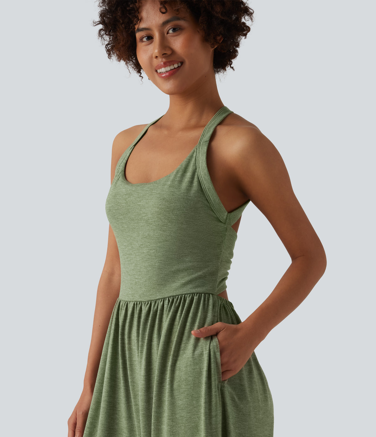 Wide Leg Capri Casual Jumpsuit with Pockets-Edition — Light Green Floral Yarn — view 7