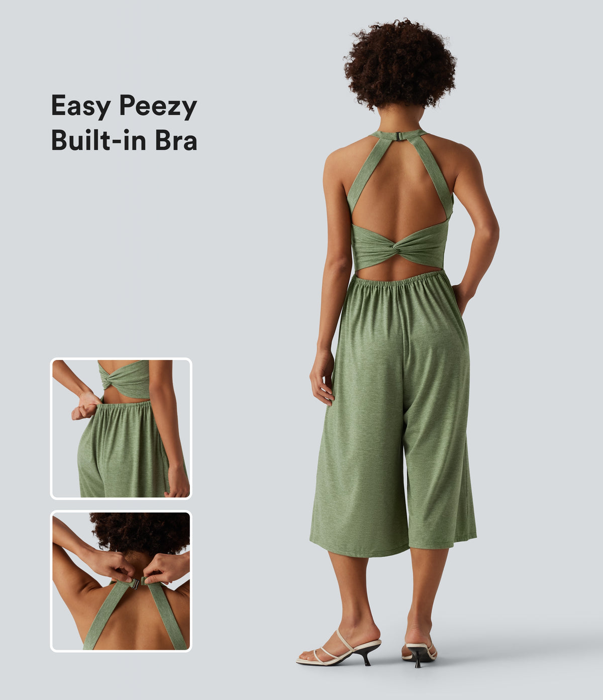 Wide Leg Capri Casual Jumpsuit with Pockets-Edition — Light Green Floral Yarn — view 1