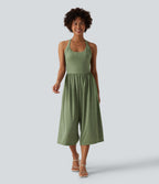 Wide Leg Capri Casual Jumpsuit with Pockets-Edition — Light Green Floral Yarn — view 2