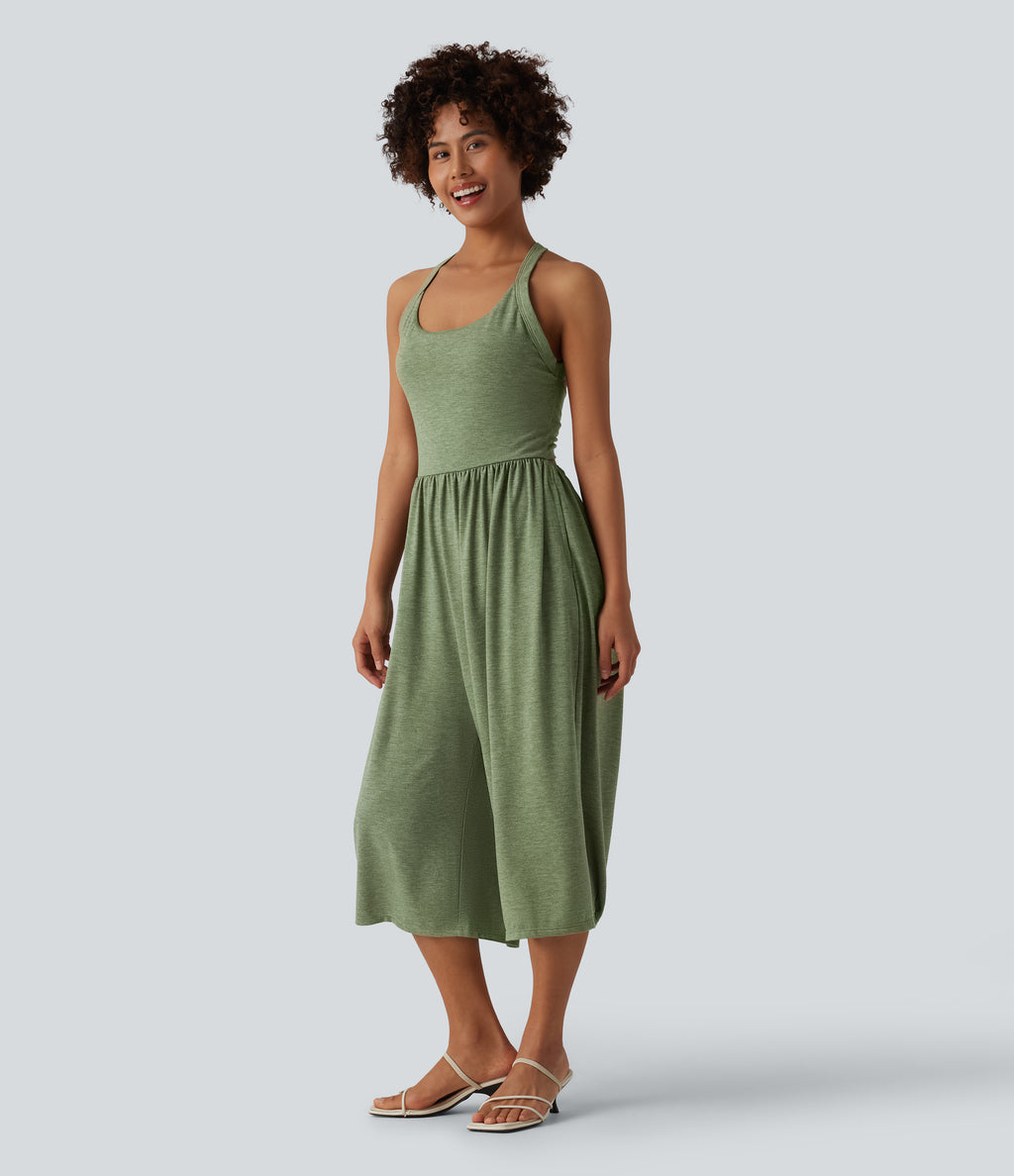 Wide Leg Capri Casual Jumpsuit with Pockets-Edition — Light Green Floral Yarn — view 3