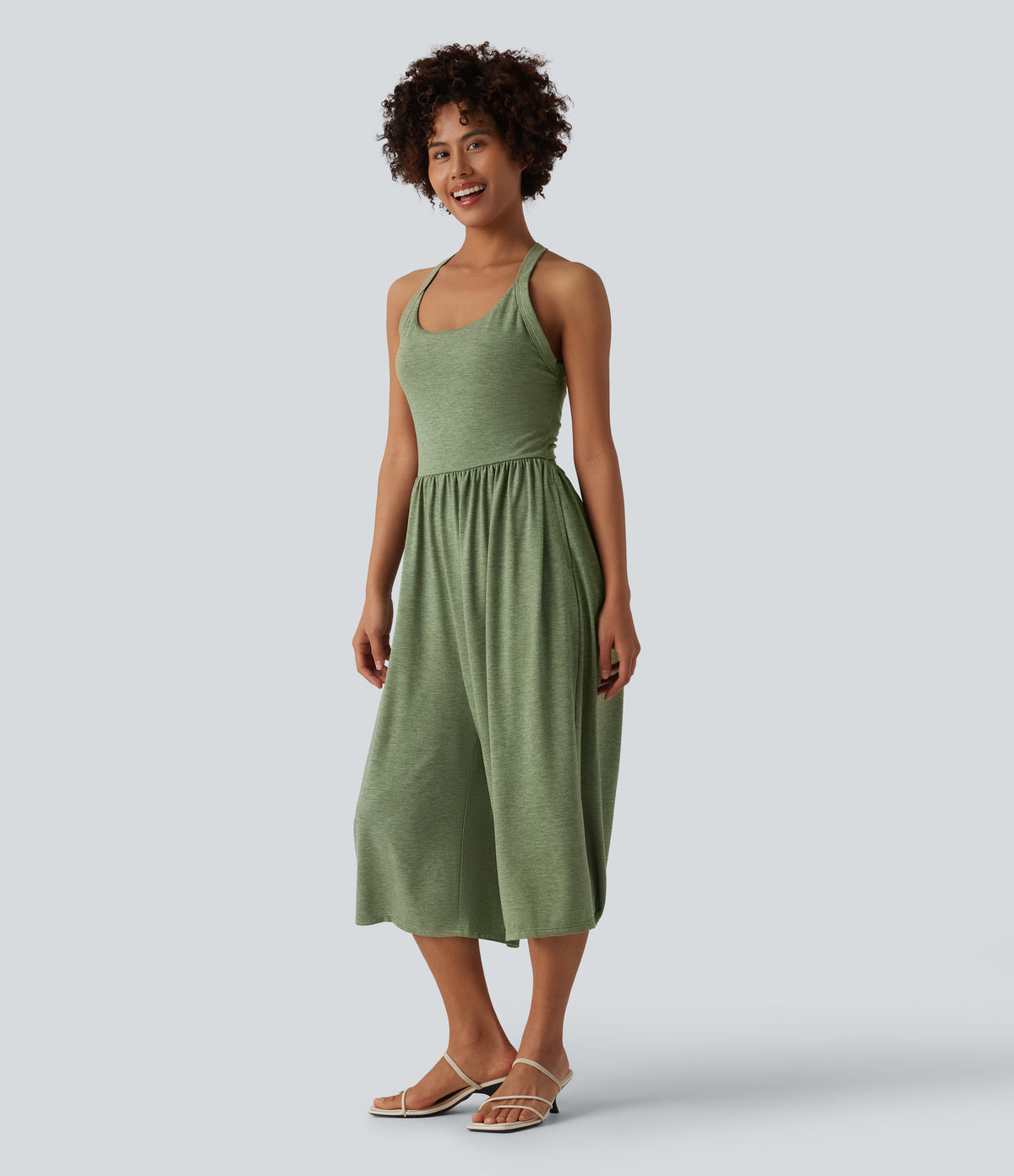 Wide Leg Capri Casual Jumpsuit with Pockets-Edition — Light Green Floral Yarn — view 3