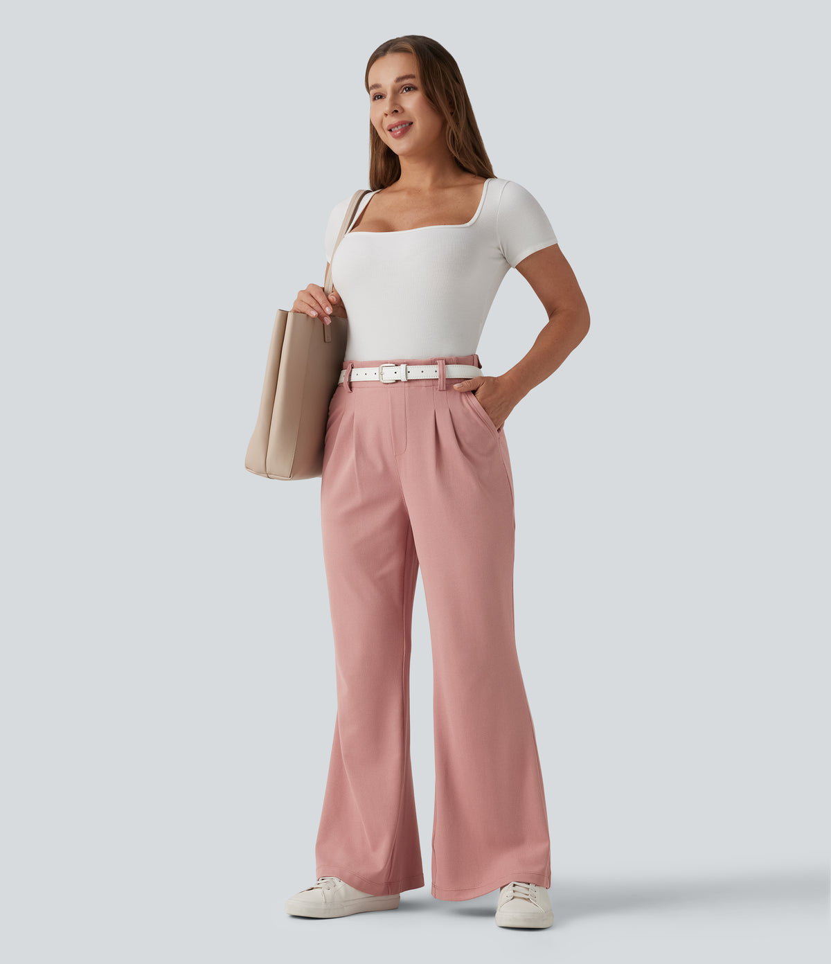 High Waisted Flare Waffle Work Trousers with Pockets — Rose Tan — view 7