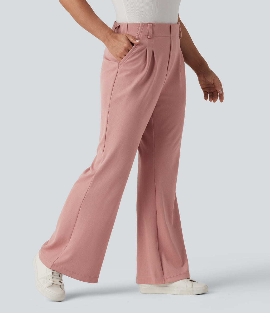 High Waisted Flare Waffle Work Trousers with Pockets — Rose Tan — view 3